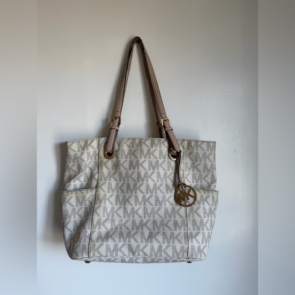 Michael Kors Jet Set Monogram Tote Bag Vanilla MK Logo Shoulder Purse